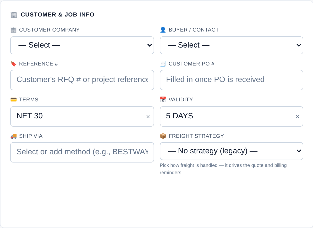 An empty Customer & Job Info panel on a new Conduix job