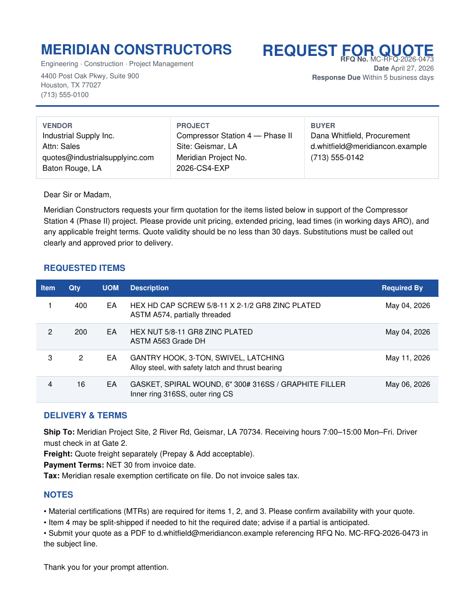 Page 1 of a corporate Request for Quote PDF from Meridian Constructors