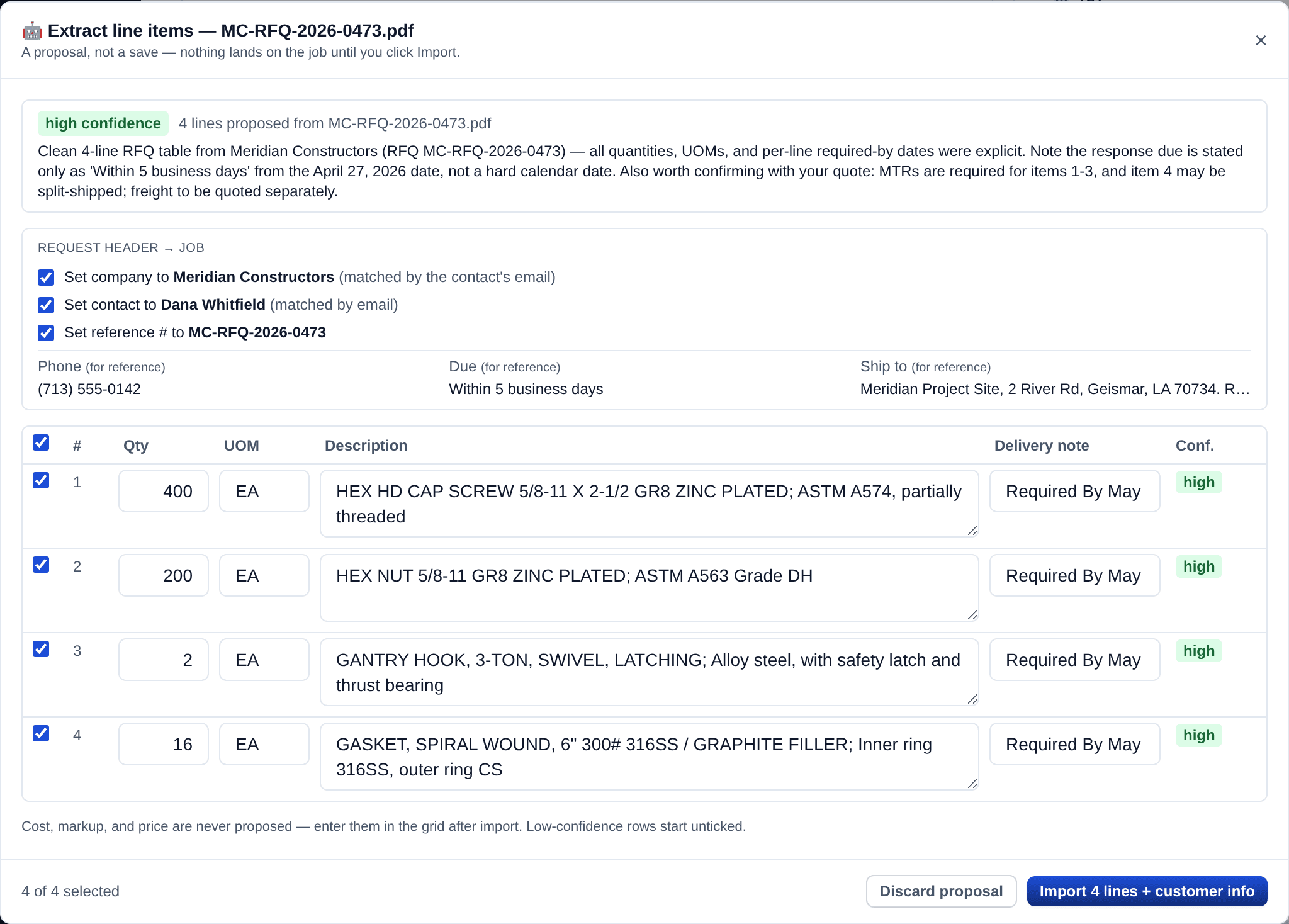 The Conduix review dialog listing the proposed company, contact, reference number and line items with confidence badges