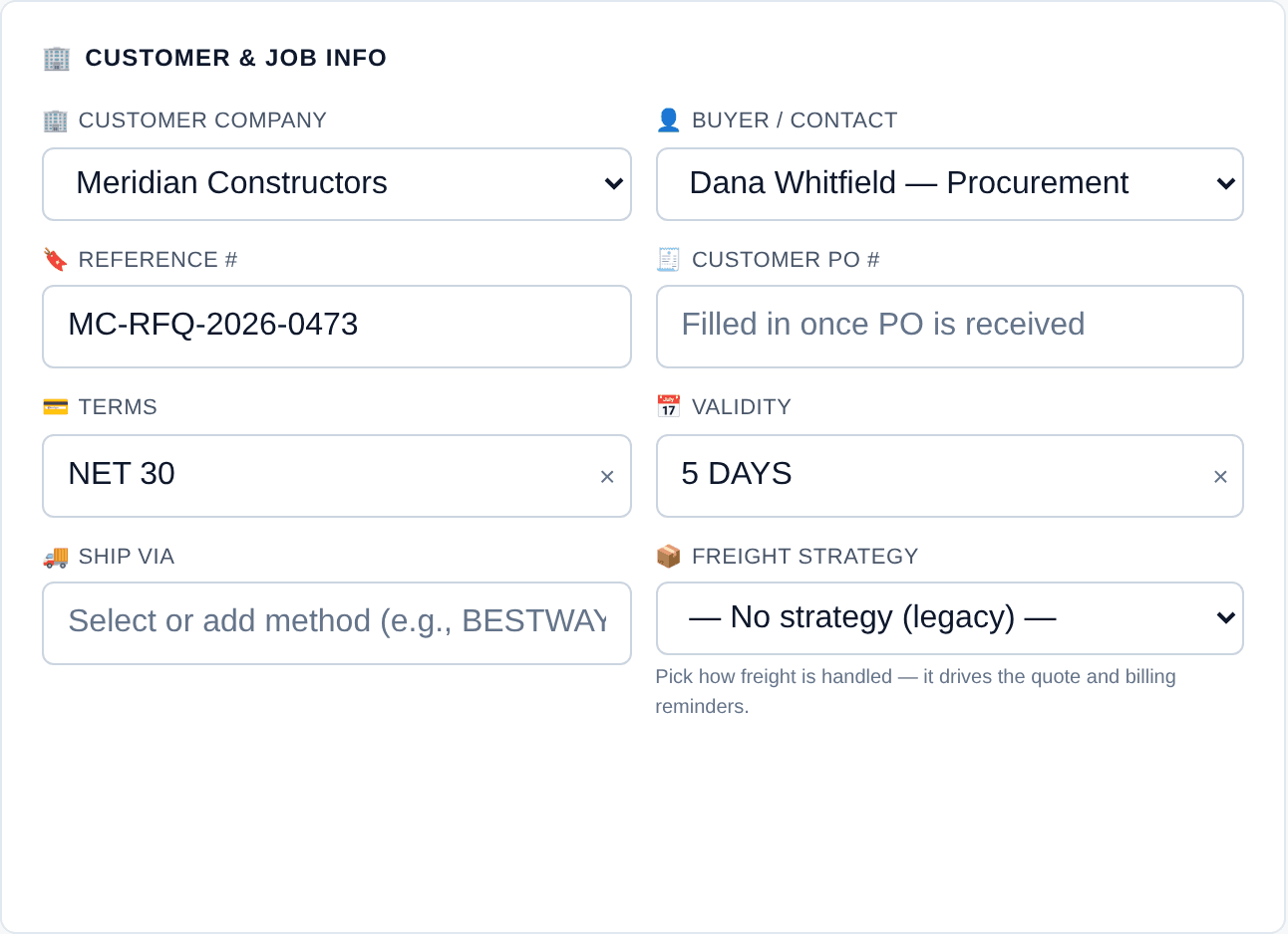 The Customer & Job Info panel now showing the matched company, contact and reference number