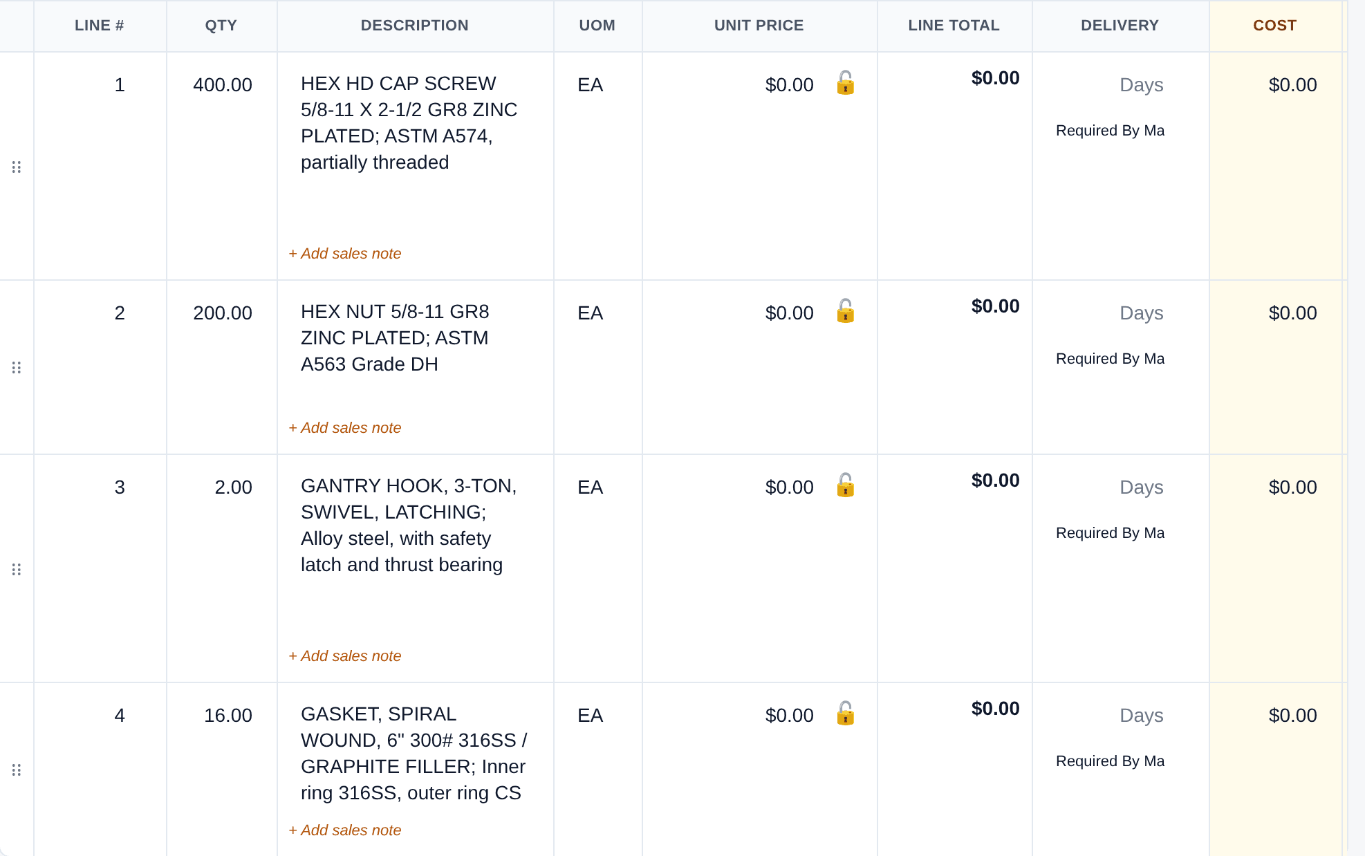 The quote line grid with the imported lines and empty price columns
